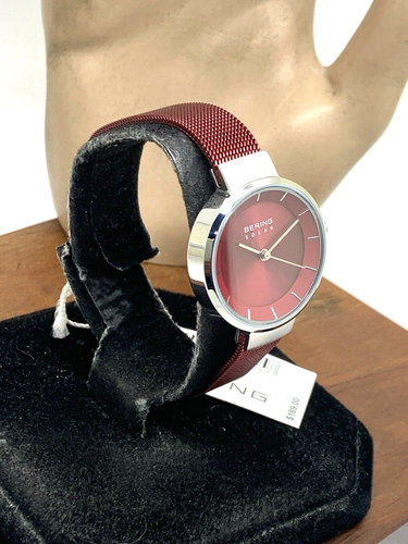Reloj Bering Mujer 14627-303 Solar Plateado Rojo Malla Correa Acero 27mm - Imagen 2 de 12