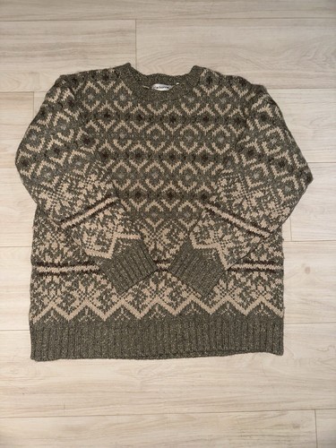 Claiborne Men's Sweater Large Beige Brown Collar Fisherman Cable knit Wool Retro