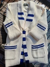 Vintage Curling Sweater, Warm and Cozy, Unisex, Blue and White, Medium