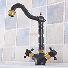 Black  Gold Brass Kitchen Sink Cross Handle Faucet Swivel Deck Mount Mixer Tap