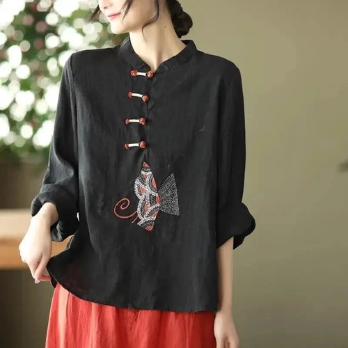 Ethnic Women Embroidery Cotton Linen T-shirts Casual Tops Blouse Retro Chinese - Picture 27 of 28