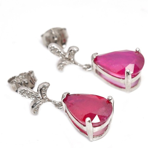 925 STERLING SILVER NATURAL TOP BLOOD RED RUBY PEAR 12X8 MM. DROP EARRING - Picture 3 of 6