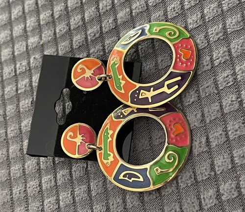 Vintage Berebi Gold Tone Colorful Enamel Tribal Hoop Southwest Dangle Earrings - Picture 5 of 10