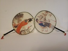 2 VTG Chinese Fan Geisha Paddle Silk Hand Held Bamboo Handles ASIAN JAPANESE LOT