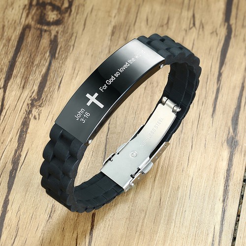Personalized Inspirational Silicone Men's Bracelet Cuff Cross Bible Prayer Gift - Picture 12 of 27