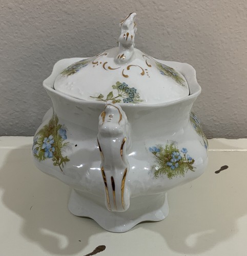 VTG Johnson Bros Large Blue Green White W/ Gold Trim Floral Sugar Bowl With Lid - Picture 6 of 11
