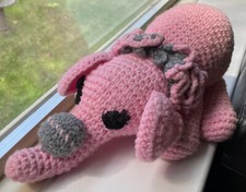 Vintage Crocheted Elephant Hand Made Plush, 12", pink, clean 