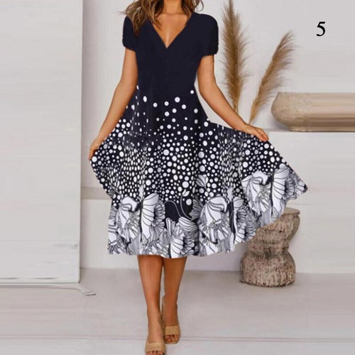 Damen Sommer Blumen V-Ausschnitt Midikleid Urlaub Strand Kurzarm Swing Sommerkleid - Bild 14 von 14