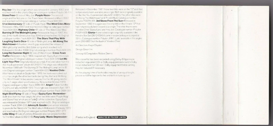 Jimi Hendrix - The Singles Album - Cassettes (Polydor PODVC6 England 1983) - Image 4 of 4