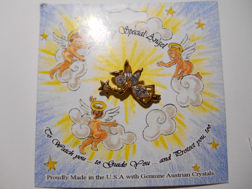 To Watch Over You ANGEL Pin Austrian Crystals Gold Tone USA Guardian Angel - Picture 2 of 4