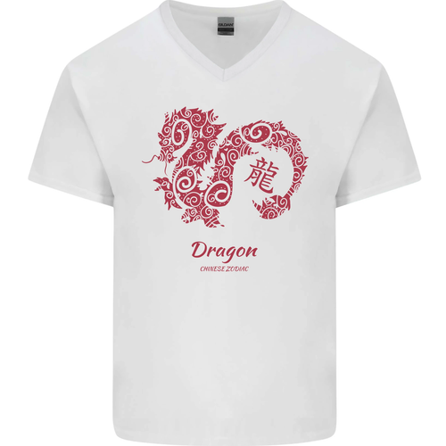 Chinese Zodiac Shengxiao Year of the Dragon Mens V-Neck Cotton T-Shirt - Picture 22 of 43