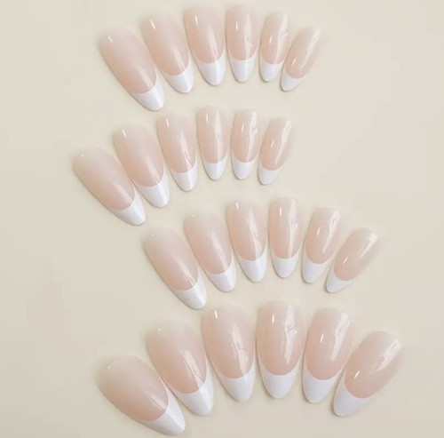 24 pcs Pointed Almond Shaped Fake Nails, White French Full Cover Acrylic False - Picture 3 of 8