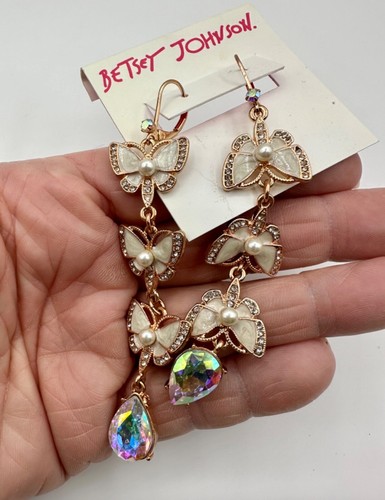 Betsey Johnson Flutterbye Butterfly Rose Gold Crystal Enamel Dangle Earrings - Picture 6 of 6