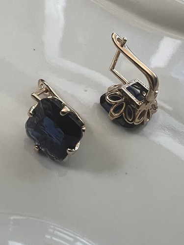 14k Rose Gold Plated Natural Dark Blue Sapphire Square Design Jewelry Set - Picture 10 of 13