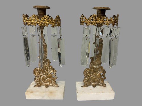 Pair Of Ornate Antique Victorian Brass & Marble Candlesticks w Prisms - Picture 5 of 8