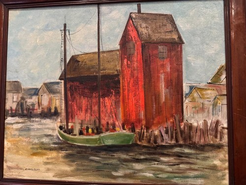 Scena del porto dipinto ad olio di Jean B. Egan - rimessa per barche rossa e barca verde, incorniciato" - Foto 6 di 11