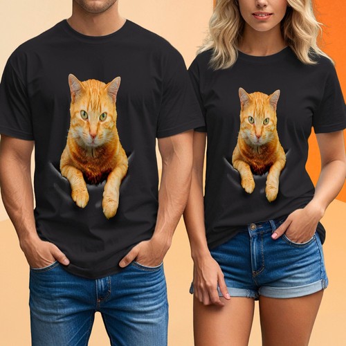 Orange Tabby Cat T-Shirt |Realistic Kitty Print Tee for Cat Lovers Men Women Top - Picture 11 of 20