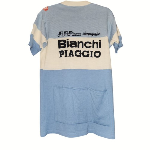 Vintage Wool Bianchi Piaggio Blue & White Cycling Jersey Back Pockets Size 6 - Picture 2 of 10