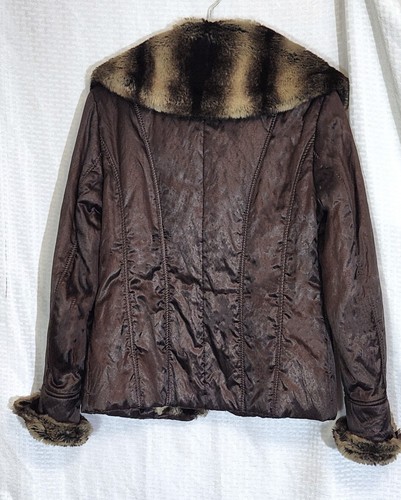 Womens Metallic Brown Jacket with Faux Fur Trim Toggle Buttons Sz Medium - Picture 8 of 10