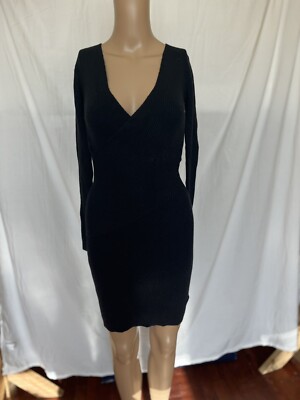 Free Press Ribbed Knit Bodycon V Neck Long Sleeve Wrap Dress Black XXS