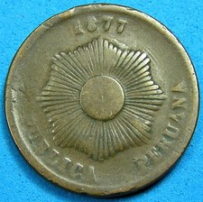 Peru 2 Centavos Copper-Bronze Coin 1877, KM-188.1a, Free S/H after 1st item