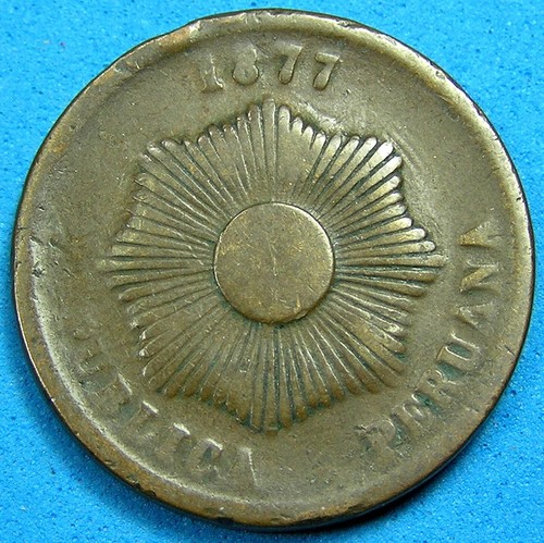 Peru 2 Centavos Copper-Bronze Coin 1877, KM-188.1a, Free S/H after 1st item - Picture 1 of 2
