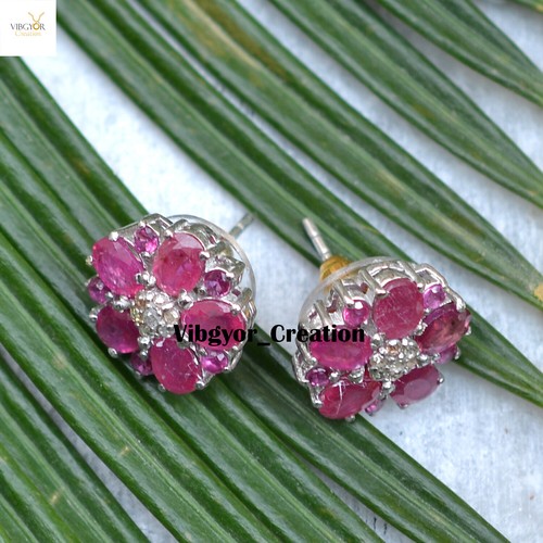 Rubin Edelstein Blume Ohrringe Diamant Ohrstecker 925 Silber Damenschmuck - Bild 5 von 6