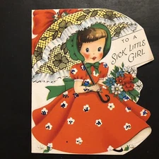 Vintage Get Well Card Pretty Girl With Flowers Parasol Red Dress To A Sick Girl