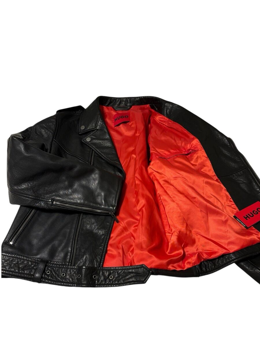 HUGO BOSS Jacket Mens Black Heavy Leather Moto Biker Size S HUGO BOSS Jacket Mens Black Heavy Leather Moto Biker Size S