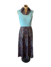 Vtg 70s turquoise Pointed collar Polyester psychedelic maxi Dress Paisley Med