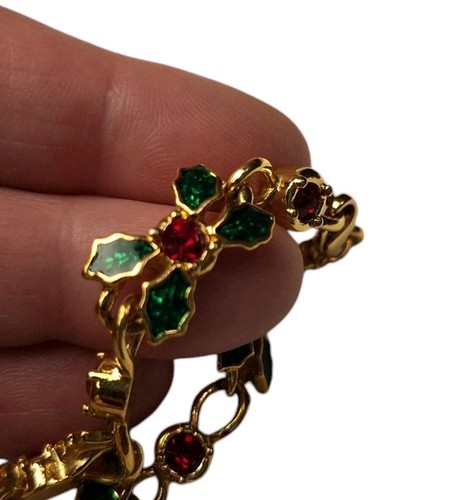 Vintage 1995 Avon Holiday Sparkle Armband grün Emaille rot Strass klein 7" - Bild 2 von 4