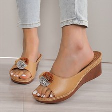 Women's Wedge Sandals Flower Decor Open Toe Slides Summer Casual Dress Shoes