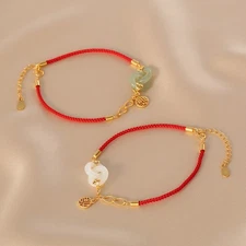 Vintage Red String Bracelet - Hetian Jade Pendant Lucky Charm Women Boho Style