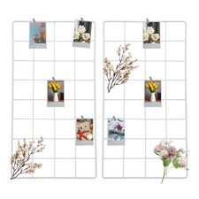 2Pcs Wire Wall Grid Panel, 16" x 8" Metal Photo Display Grid with Hook, White