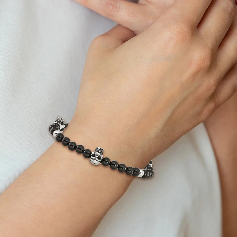Pulsera elástica de acero inoxidable de ágata negra con cuentas y calaveras de 8,25" para hombre Foto 3 de 3