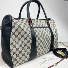 Very Rare Old Gucci Sherry Line Boston Bag with Shoulder Navy Authentic