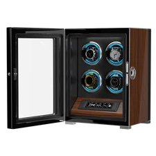 Fingerprint Unlock RGB LED Automatic 4 Watch Winder Remote Control Walnut Quiet