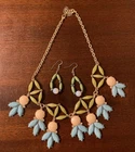 Vintage Bob Necklace & Earring Set Green Blue Beige Enamel Costume Jewelry