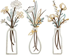 3 Pieces Metal Flowers Wall Arts - Rustic Farmhouse Decor Beige Minimalist Fl...