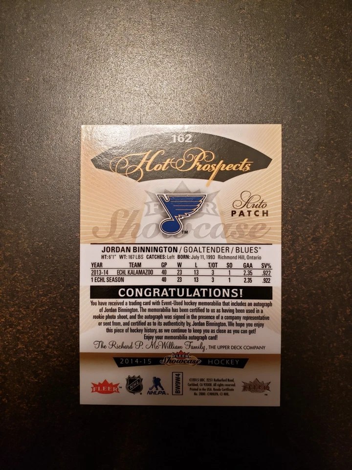 2014-15 Fleer Showcase - Jordan Binnington - Rookie Patch Auto 187/375 - Image 2 of 2