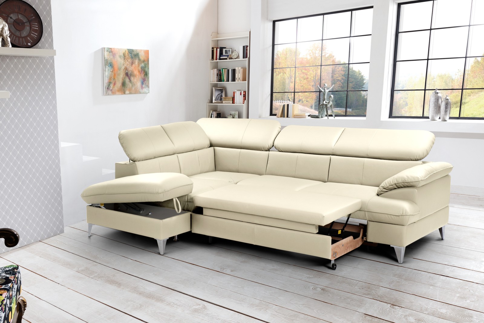 Ecksofa - creme - Leder - mit Funktionen - Recamiere links Sofa Wohnlandschaft
