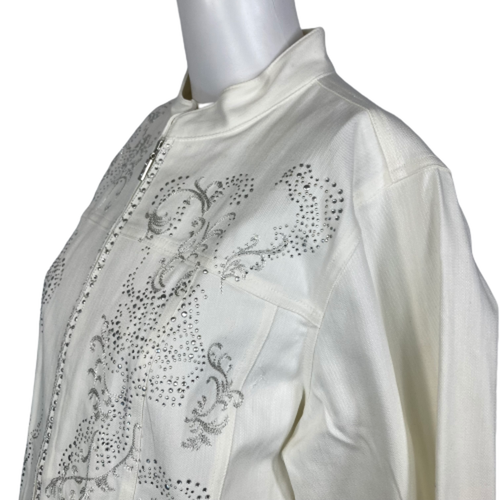 New Quacker Factory Jacket Womens Sz M White Jean Cotton Embroidered Rhinestone - Picture 2 of 12