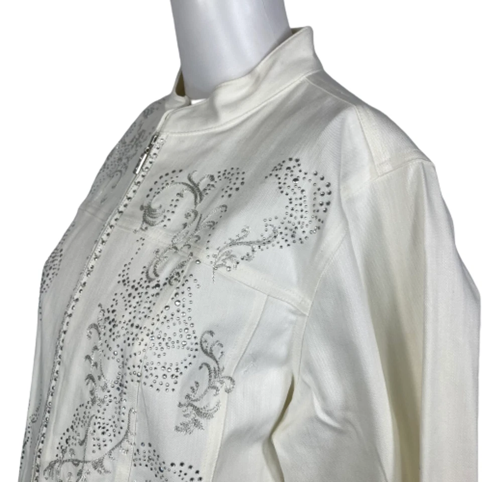 New Quacker Factory Jacket Womens Sz M White Jean Cotton Embroidered Rhinestone - Image 2 of 4