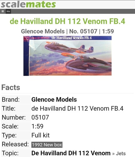 1992 Glencoe de Havilland DH 112 Venom FB.4 1:48 Scale Kit #05107 New In Sealed* - Bild 9 von 9