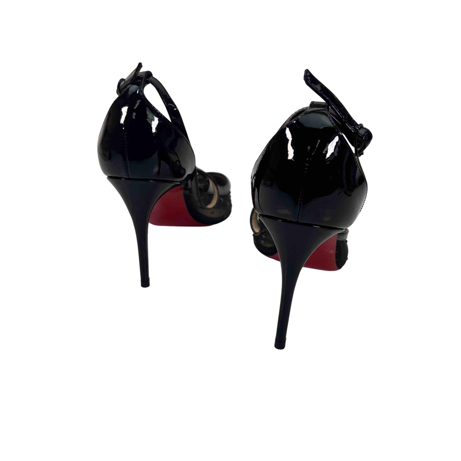 Christian Louboutin Twistissima Strass 85 Black Patent Mesh Strap Heel Pump  7.5