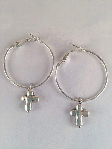 Silver Cross Hoop Earrings Dangle Drop Women’s Boho Bohemian Artisan Jewelry