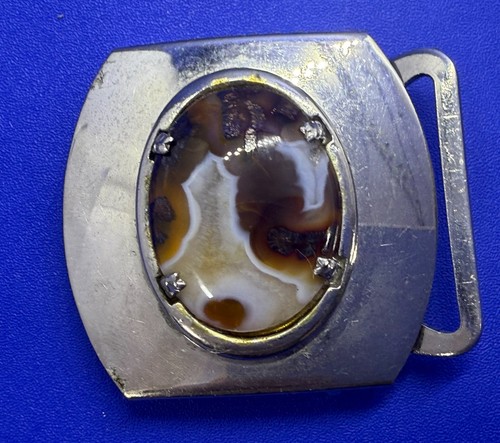 Banded Agate Cabochon Cab on Silver Color Art Deco Belt Buckle for 1" Belt - Picture 2 of 20