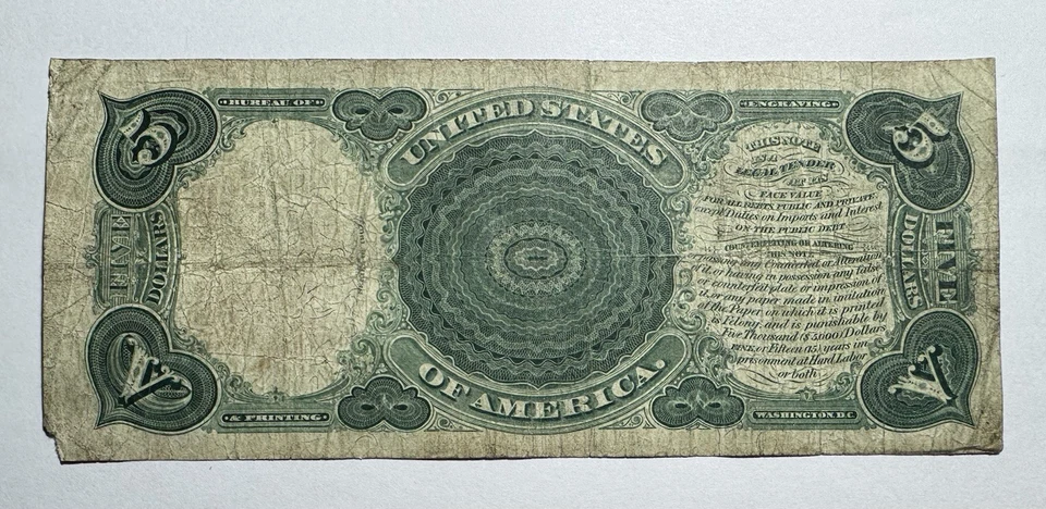 1907 $5 Licitación Legal 'Woodchopper' Talla Grande EE. UU. Nota Fr. 83 Foto 2 de 2