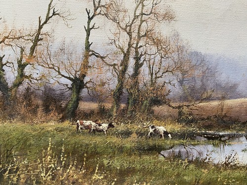 Pintura al óleo de paisaje de ganado agrícola de una mañana brumosa de James Wright (n. 1935-) - Imagen 8 de 13