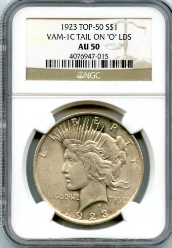 C8861- 1923 VAM-1C TAIL ON "O" LDS TOP 50 PEACE DOLLAR NGC AU50